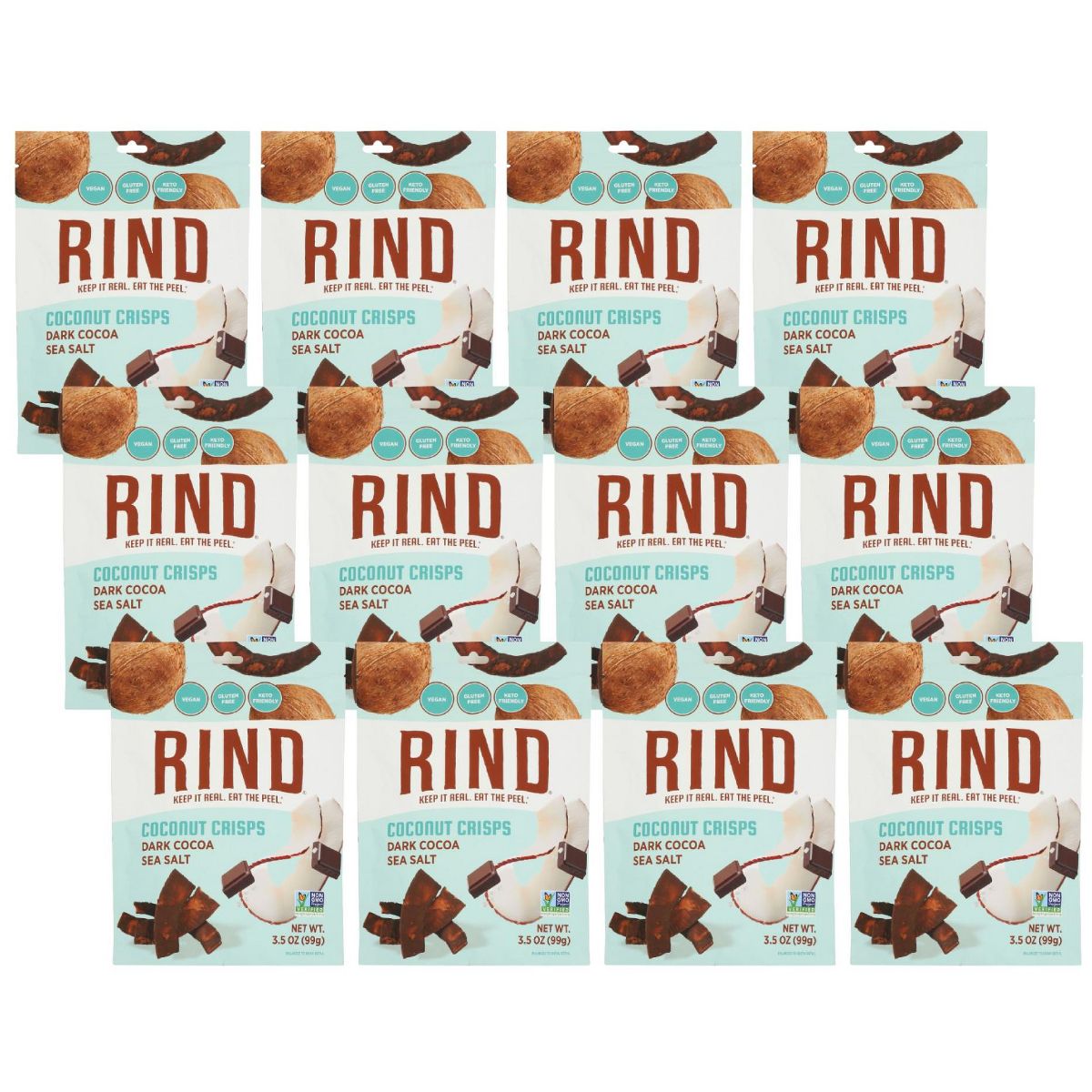 Rind Snacks Crispadas de Coco con Cacao Oscuro y Sal Marina - Caja con 12/3.5 oz - Imagen 2