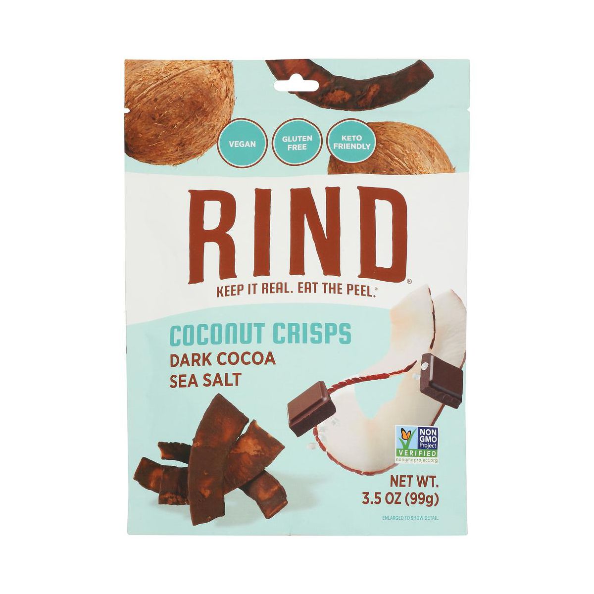 Rind Snacks Crispadas de Coco con Cacao Oscuro y Sal Marina - Caja con 12/3.5 oz - Imagen 3