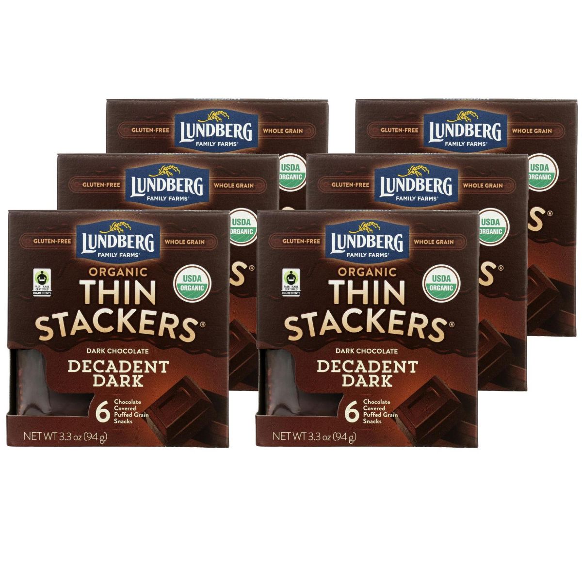 Lundberg Thin Stackers Decadent Dark Chocolate Cubierto de Cereal Inflado - Caja de 6/3.3 oz