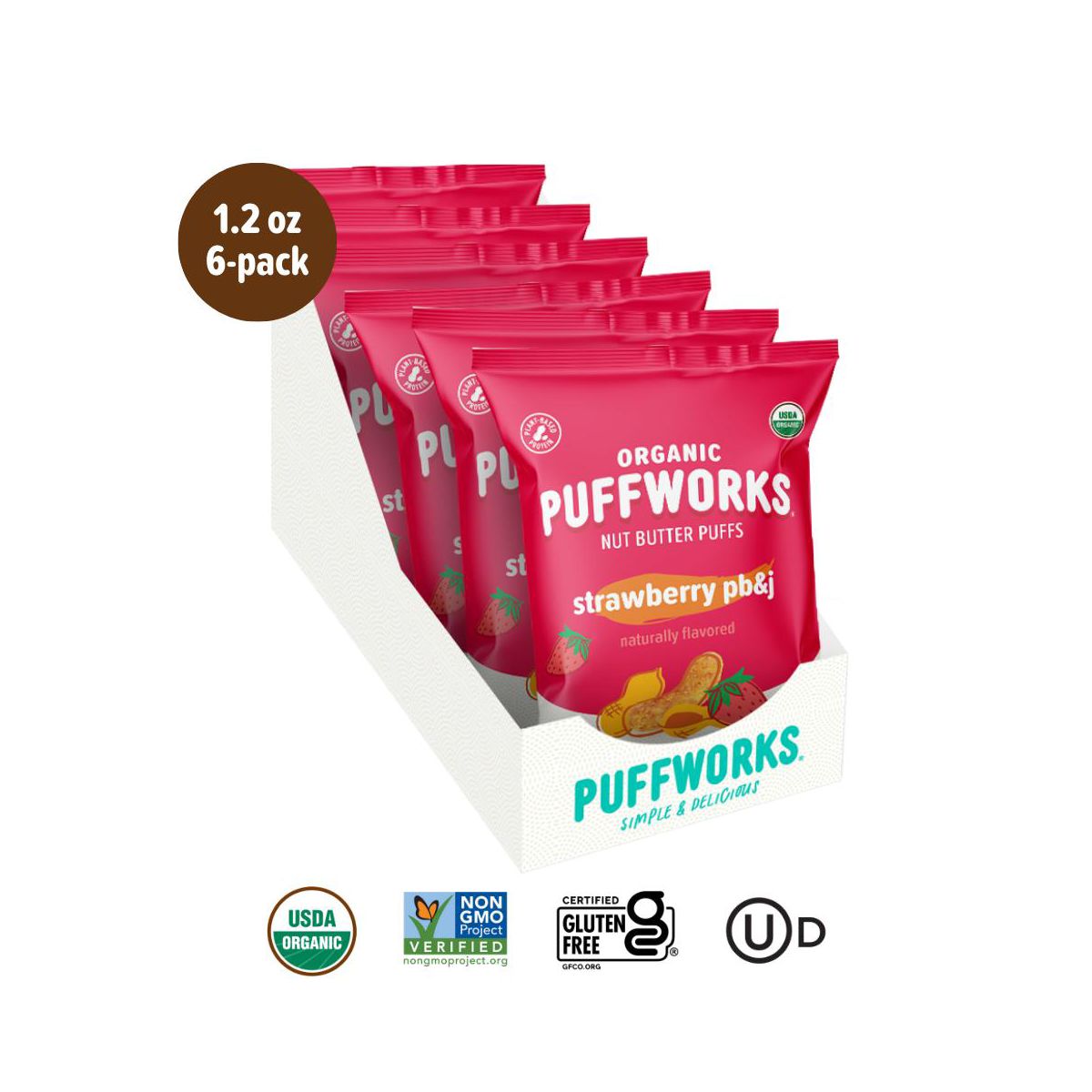 Puffworks Orgánico de Fresa PB&J Bolitas de Mantequilla de Maní (Paquete de 6 bolsas de 1.2 oz) - Imagen 3
