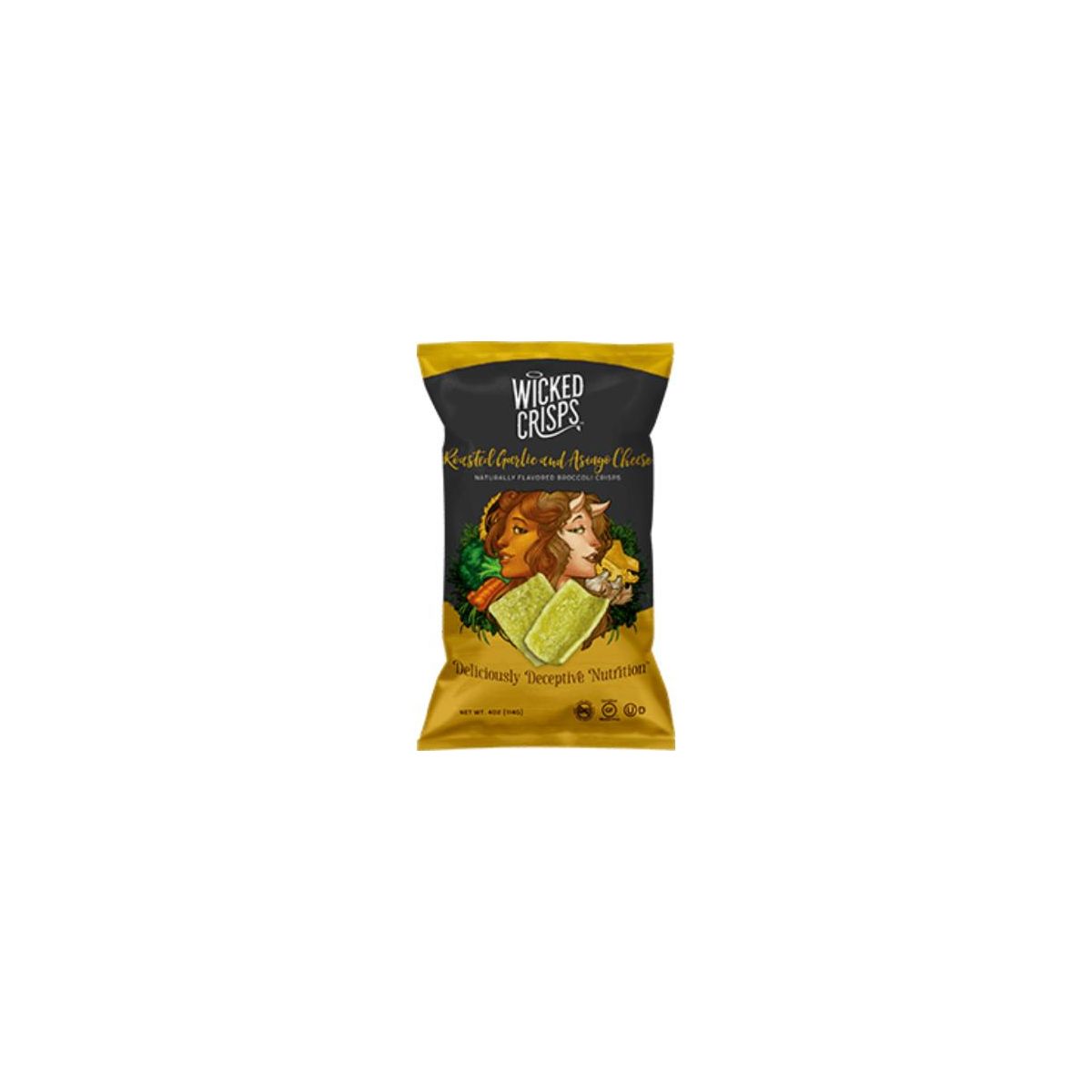 Wicked Crisps, Ajo Rostizado y Queso Asiago, Sin gluten, Bajo en grasa, No transgénicos, Kosher, Bolsa tamaño fiesta 4 oz (PAQUETE DE 4)