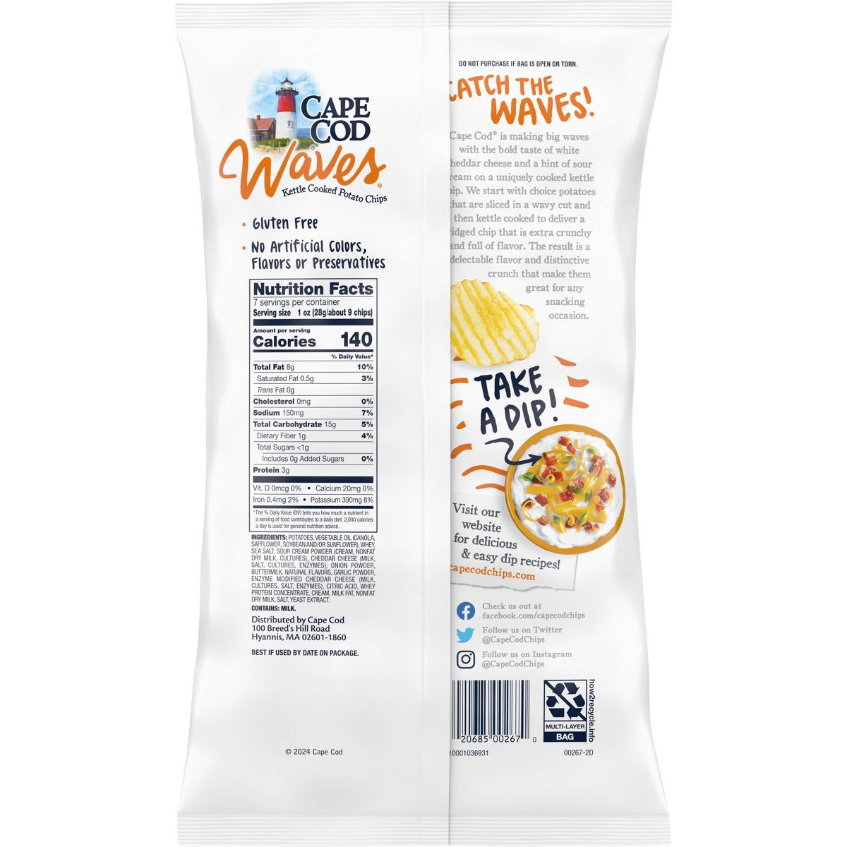 Papas Fritas Cape Cod Waves Corte Ondulado Sabor Queso Cheddar Blanco y Crema Agria - 7 oz - Imagen 3