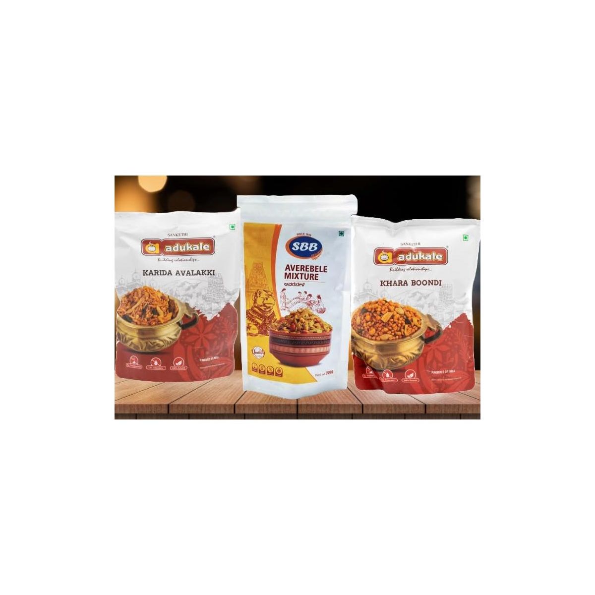 Combo de Botanas Tradicionales Listas para Comer SBB & Adukale – Karida Avalakki, Averebele Mixture y Khara Boondi = Paquete de 3 Variedades - Imagen 2