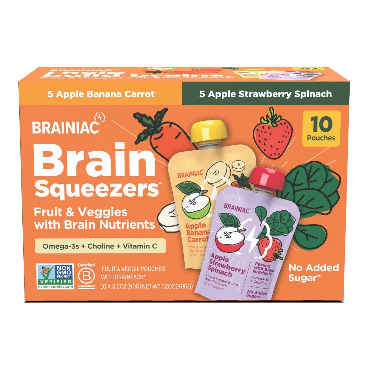 Brainiac Kids Brain Squeezers Puré de Manzana en Bolsita Variedad de Frutas y Verduras Manzana Plátano Zanahoria & Manzana Fresa Espinaca - 3.2 oz/10 ct