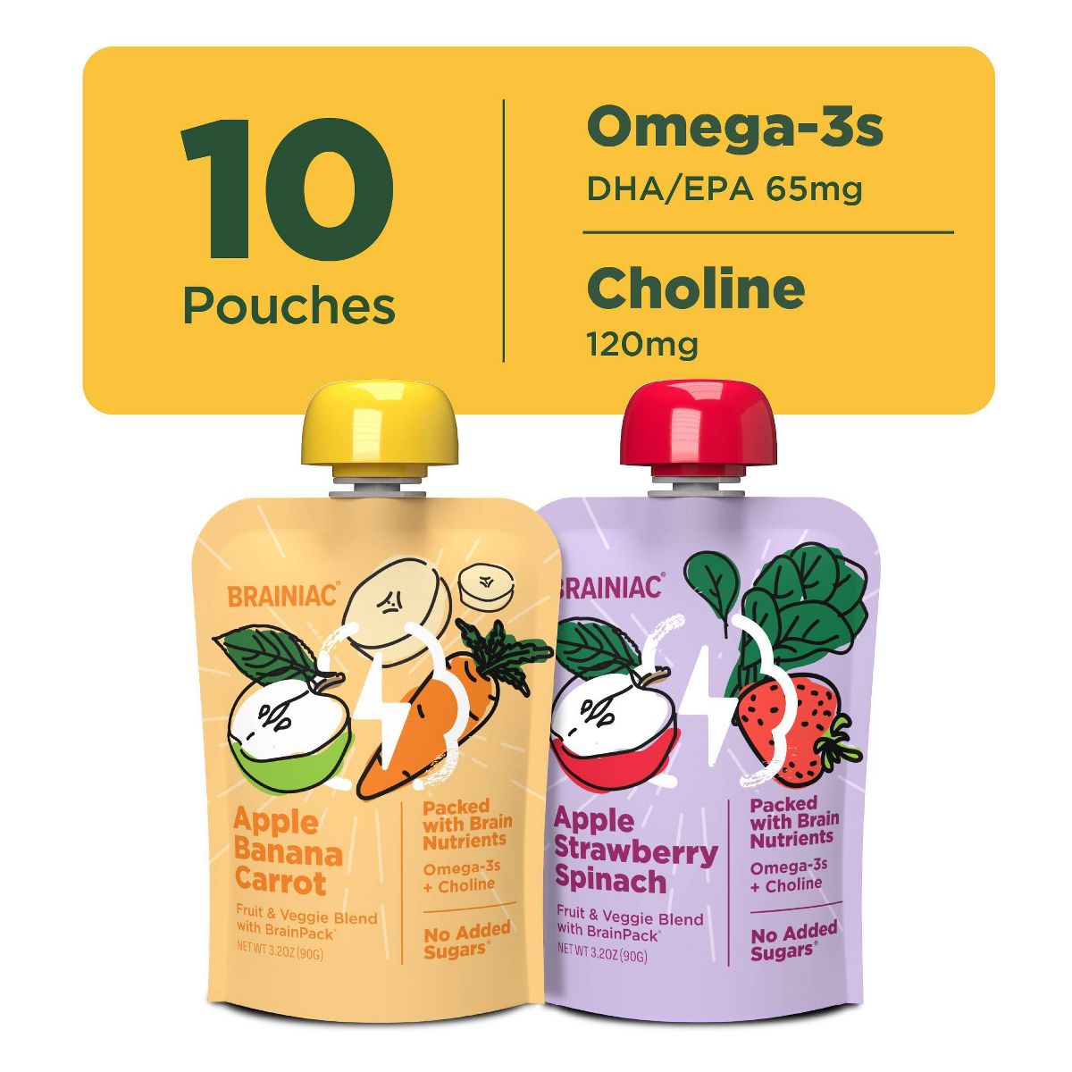 Brainiac Kids Brain Squeezers Puré de Manzana en Bolsita Variedad de Frutas y Verduras Manzana Plátano Zanahoria & Manzana Fresa Espinaca - 3.2 oz/10 ct - Imagen 3