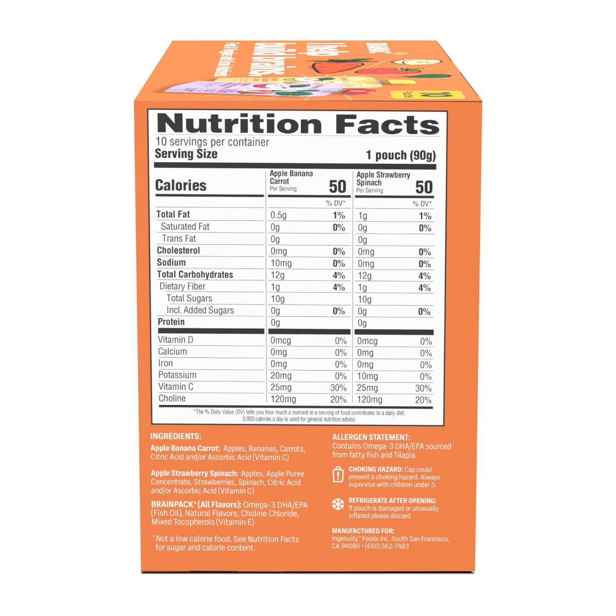 Brainiac Kids Brain Squeezers Puré de Manzana en Bolsita Variedad de Frutas y Verduras Manzana Plátano Zanahoria & Manzana Fresa Espinaca - 3.2 oz/10 ct - Imagen 4