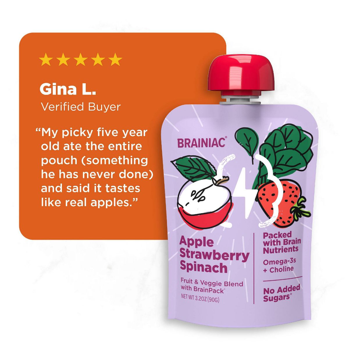 Brainiac Kids Brain Squeezers Puré de Manzana en Bolsita Variedad de Frutas y Verduras Manzana Plátano Zanahoria & Manzana Fresa Espinaca - 3.2 oz/10 ct - Imagen 11