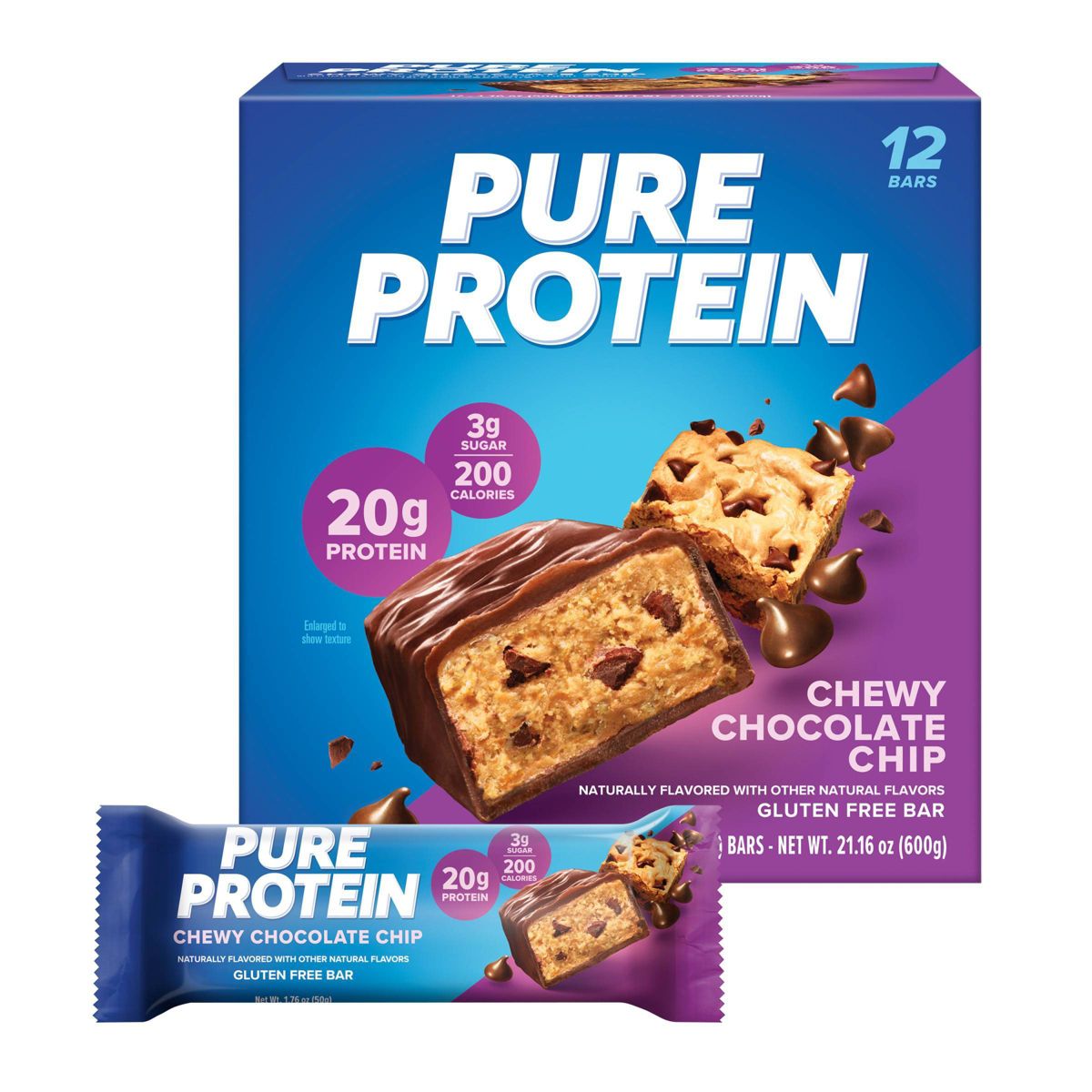 Pure Protein Barritas Masticables con Chispas de Chocolate de Aislado de Proteína de Suero - 20g de Proteína - 21.16 oz/12 ct