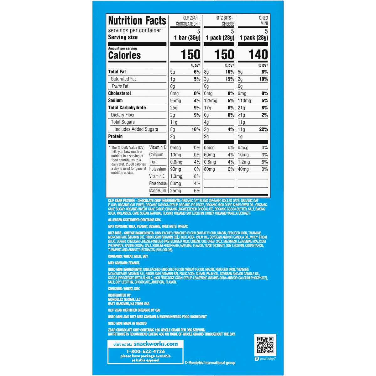 Zbar Barritas de Merienda con Chispas de Chocolate, Galletas RITZ Bits y Galletas Mini OREO, Paquete Variado de Botanas para Llevar - 16.35 oz/15 piezas - Imagen 11