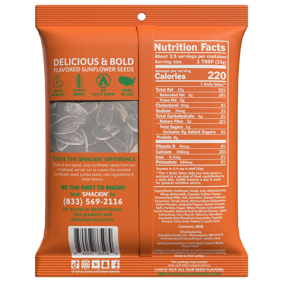 SMACKIN' Semillas de Girasol Sabor Queso Cheddar y Jalapeño - 4 oz - Imagen 3