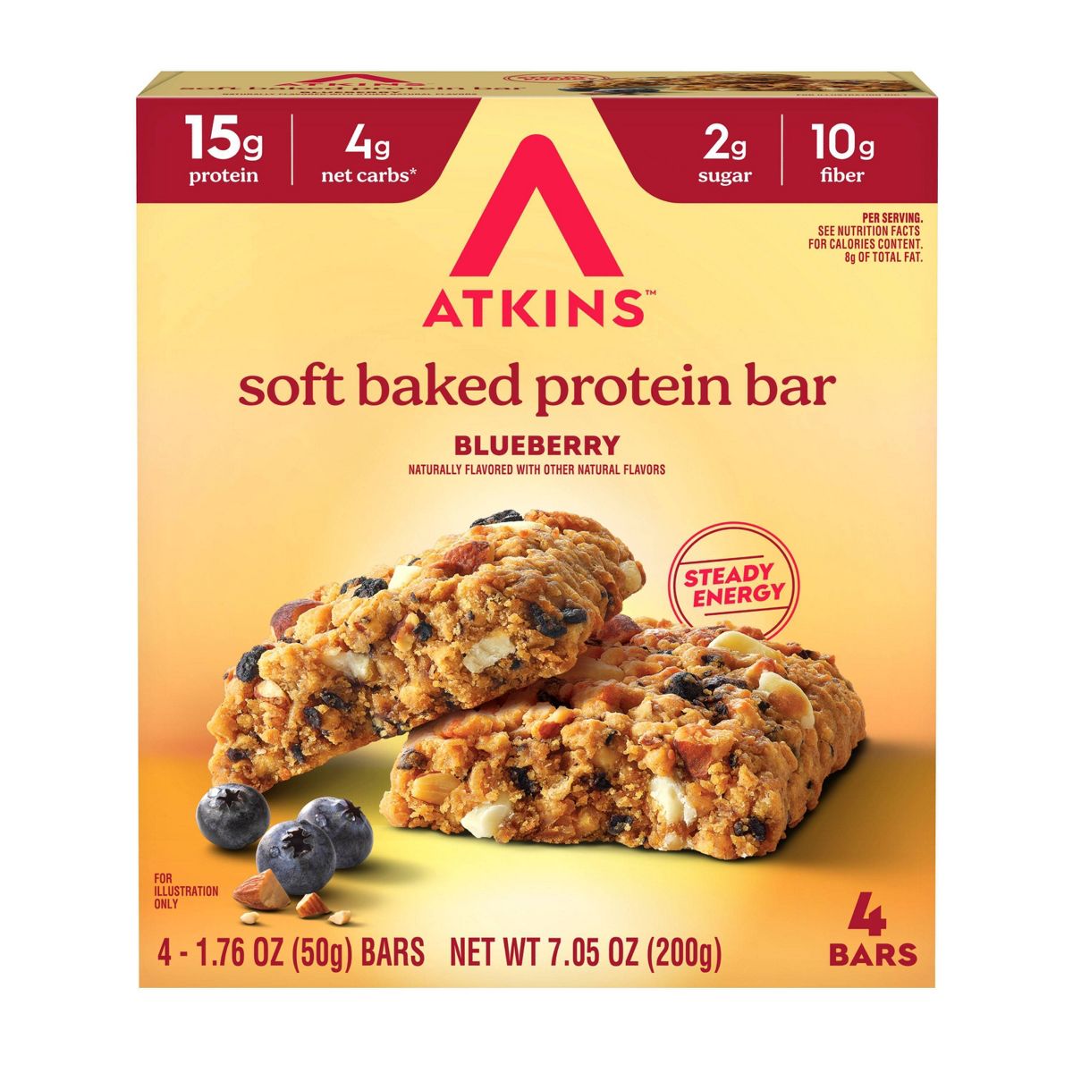 Atkins Barras de Proteína de Soya Horneadas Suaves Sabor Blueberry - 15g de Proteína - 7.05 oz/4 ct