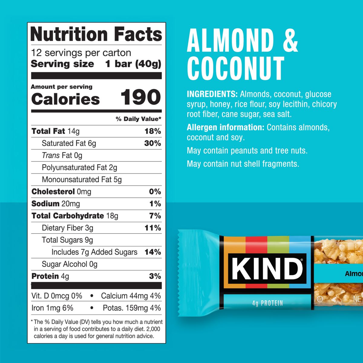 Barras KIND Almendra y Coco Snacks Sin Gluten - 16.8 oz/12 ct - Imagen 4