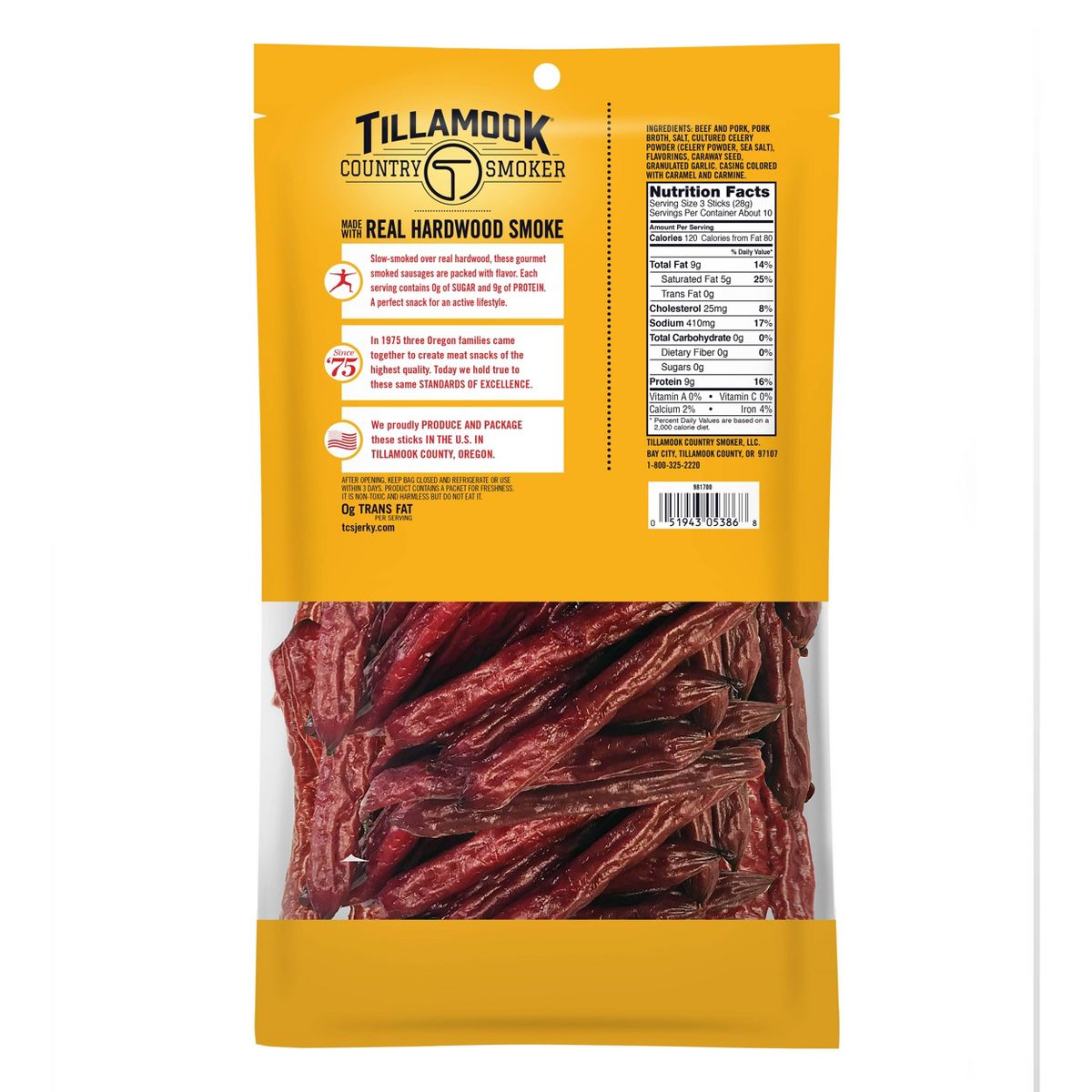 Tillamook Country Smoker Salchichas Ahumadas Originales Cero Azúcar en Bolsa, Palitos de Carne - 10 oz - Imagen 3