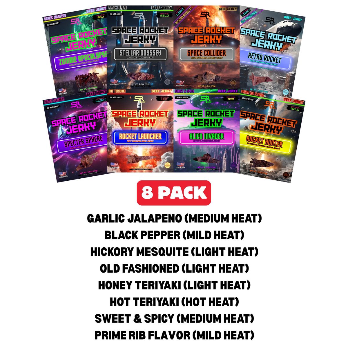 Space Rocket Carne de Res Seca con Alta Proteína, Variedad 2.5 oz/8 Paquetes - Imagen 3