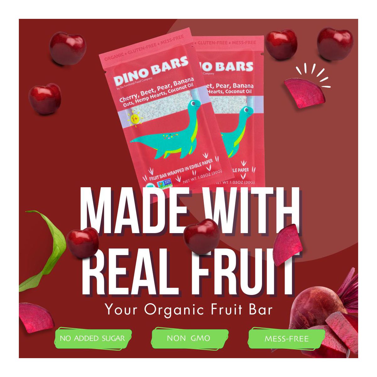 Dino Bars | Cereza y Remolacha | Barras de Fruta Orgánicas para Niños, Sin Desorden - Imagen 6