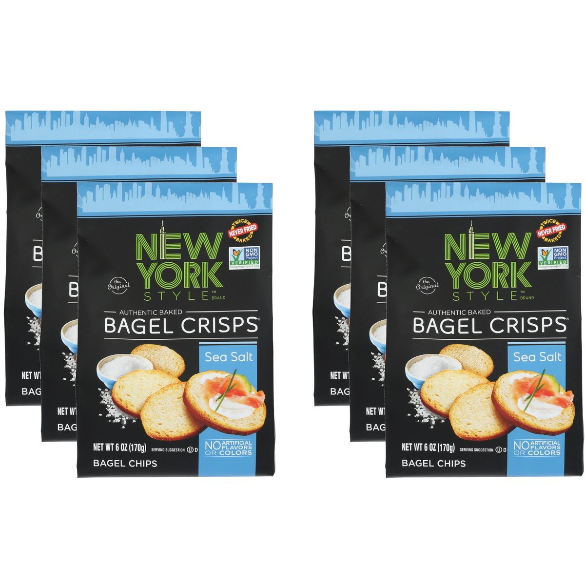 New York Style Bagel Crisps Horneados Auténticos con Sal Marina - Caja de 6 - 6 oz - Imagen 2