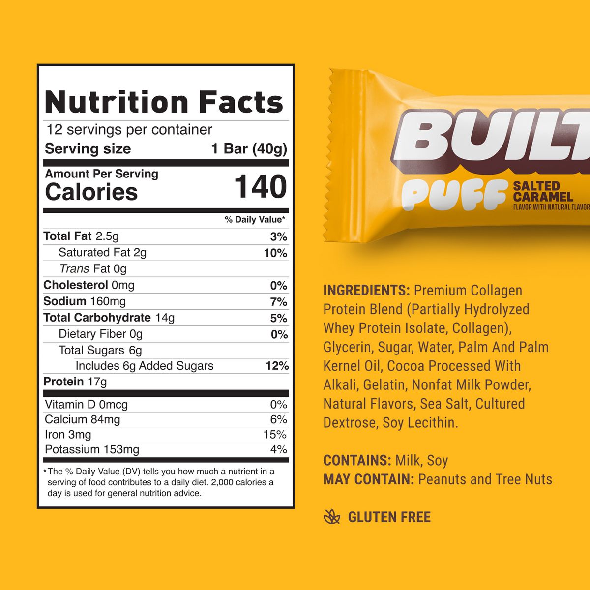 Built Bar Salted Caramel Puff Barritas de Proteína - 17g de Proteína - 5.64 oz/4 ct - Imagen 5