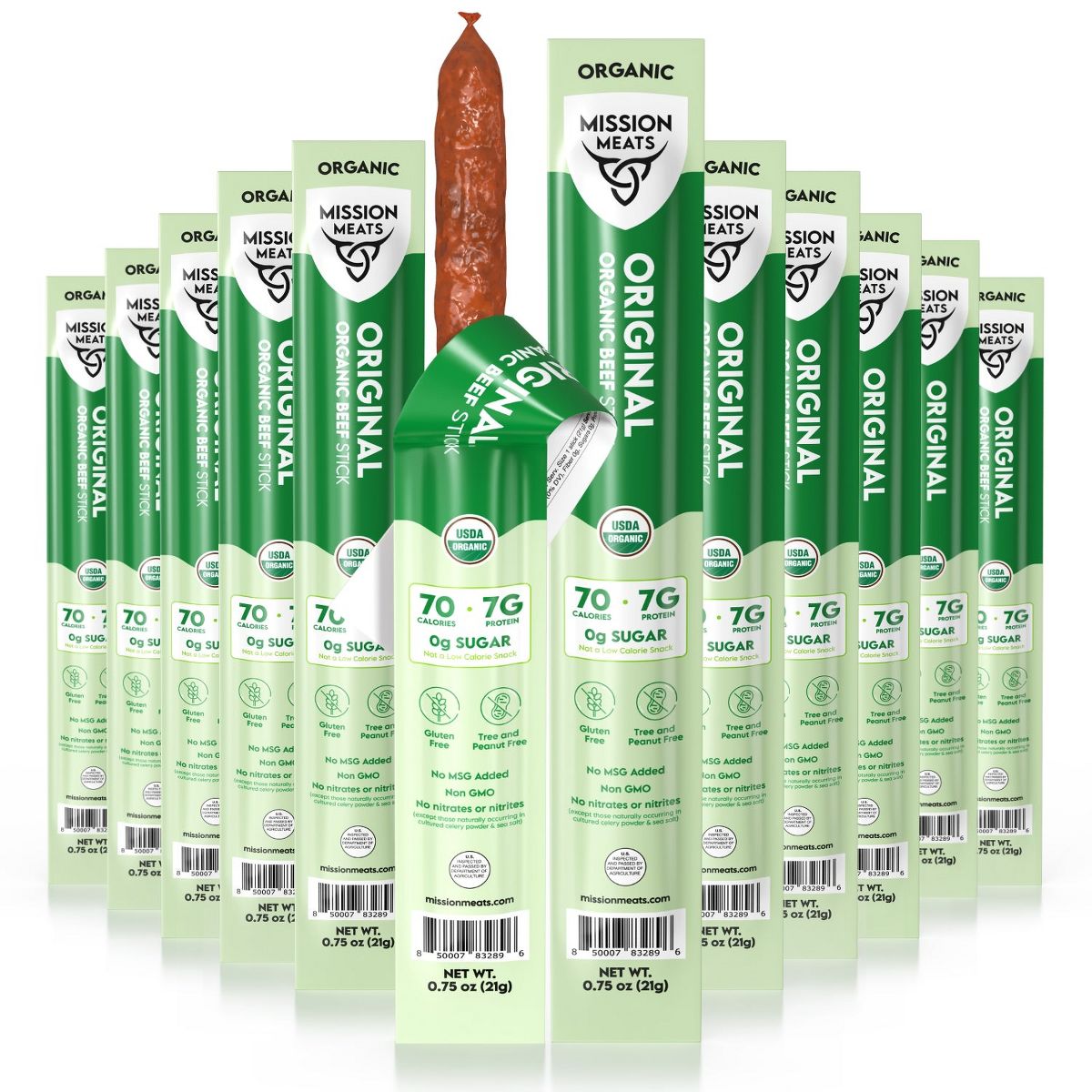 Mission Meats Palitos de Res 100% Orgánicos Certificados – Criados en Pastizales, Sin Azúcar, No Transgénicos, Merienda Saludable de Palitos de Carne Envueltos Individualmente, 0.75 oz (12 ct)