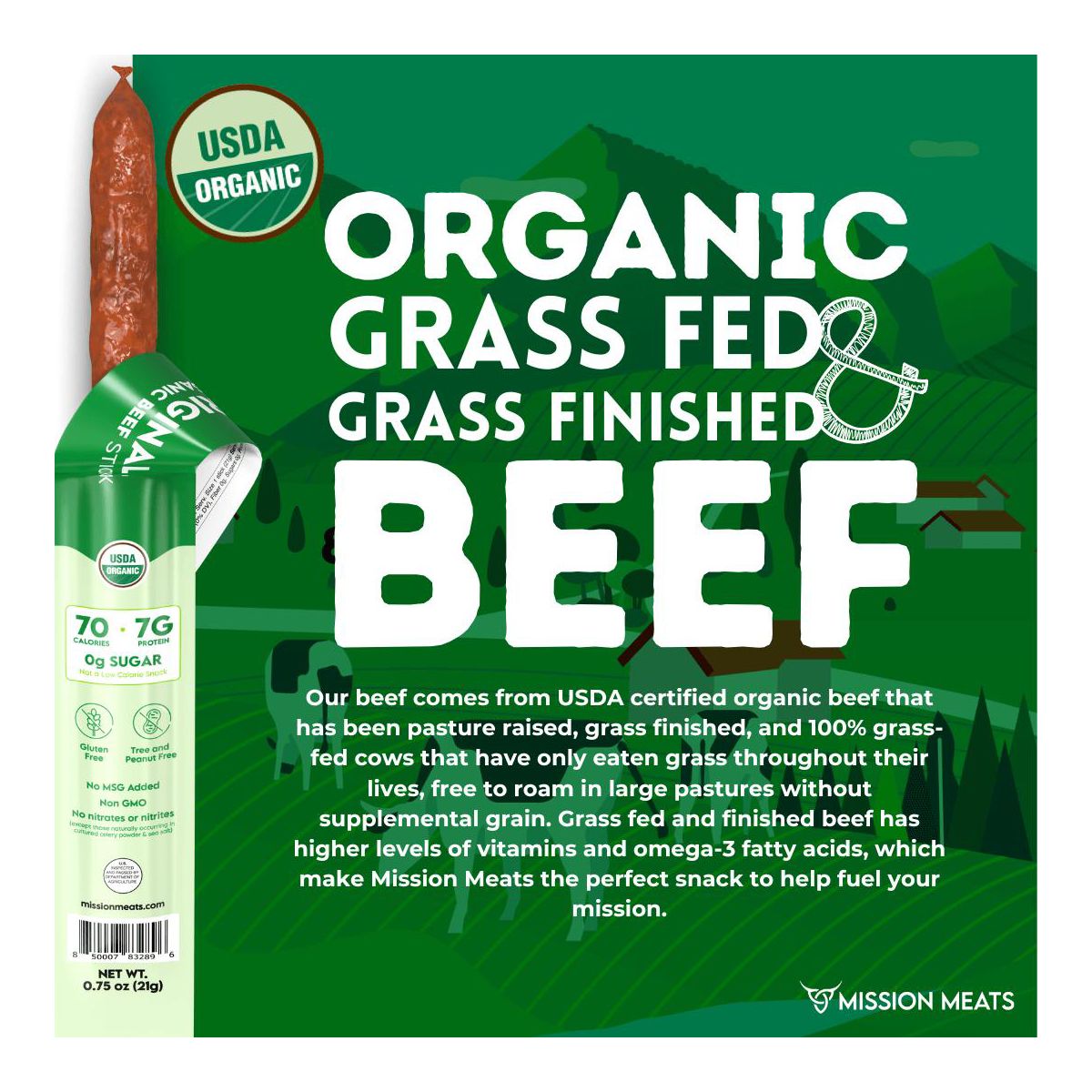 Mission Meats Palitos de Res 100% Orgánicos Certificados – Criados en Pastizales, Sin Azúcar, No Transgénicos, Merienda Saludable de Palitos de Carne Envueltos Individualmente, 0.75 oz (12 ct) - Imagen 4