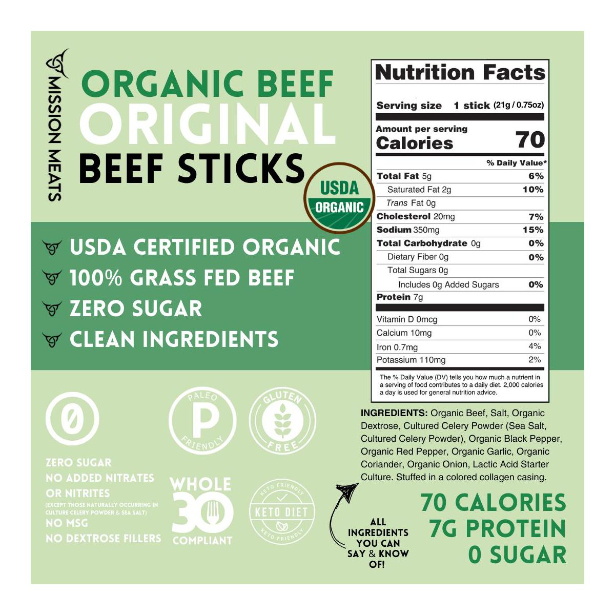 Mission Meats Palitos de Res 100% Orgánicos Certificados – Criados en Pastizales, Sin Azúcar, No Transgénicos, Merienda Saludable de Palitos de Carne Envueltos Individualmente, 0.75 oz (12 ct) - Imagen 5