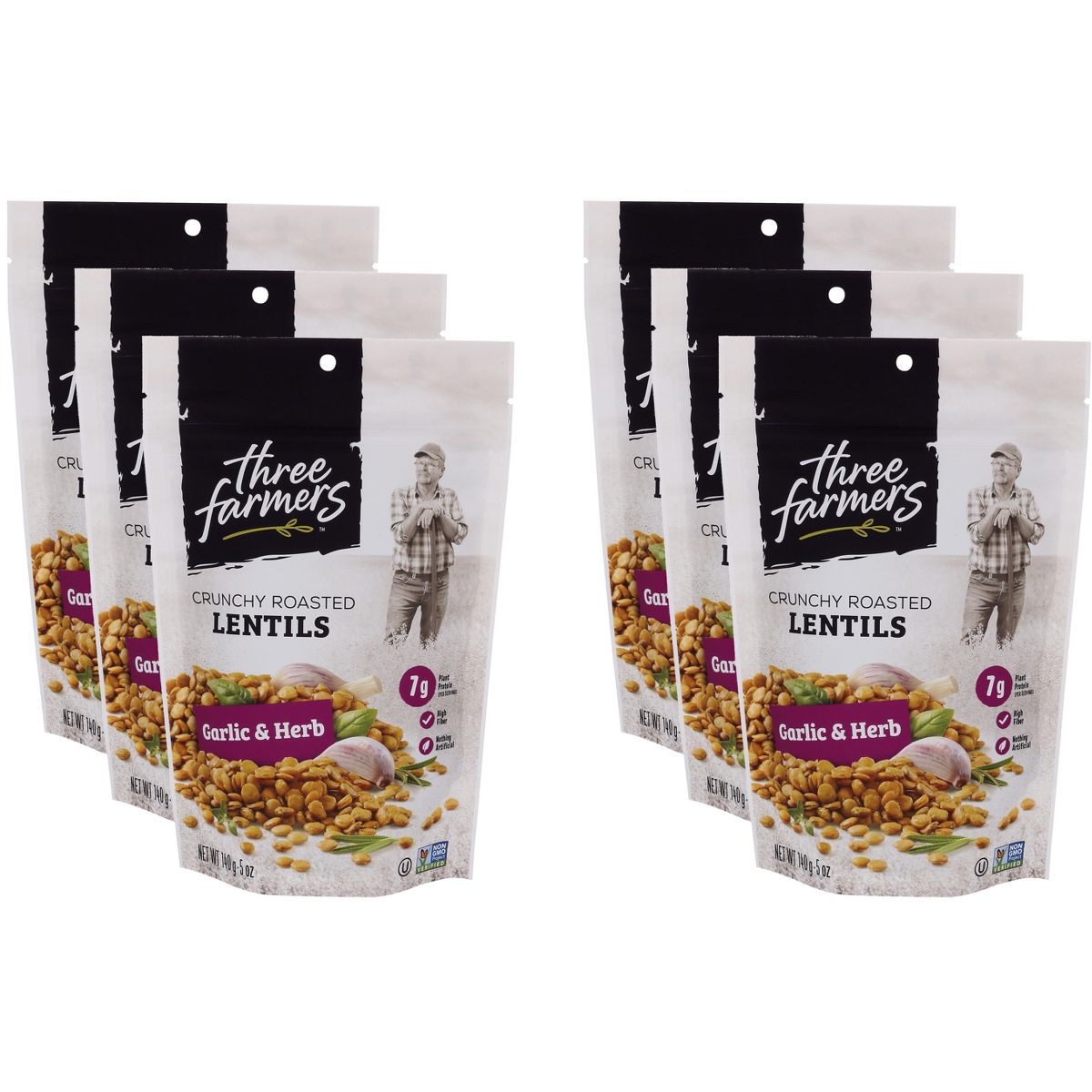 Three Farmers Snack de Lentejas Sabor Ajo y Hierbas - Caja con 6 - 140 g - Imagen 2
