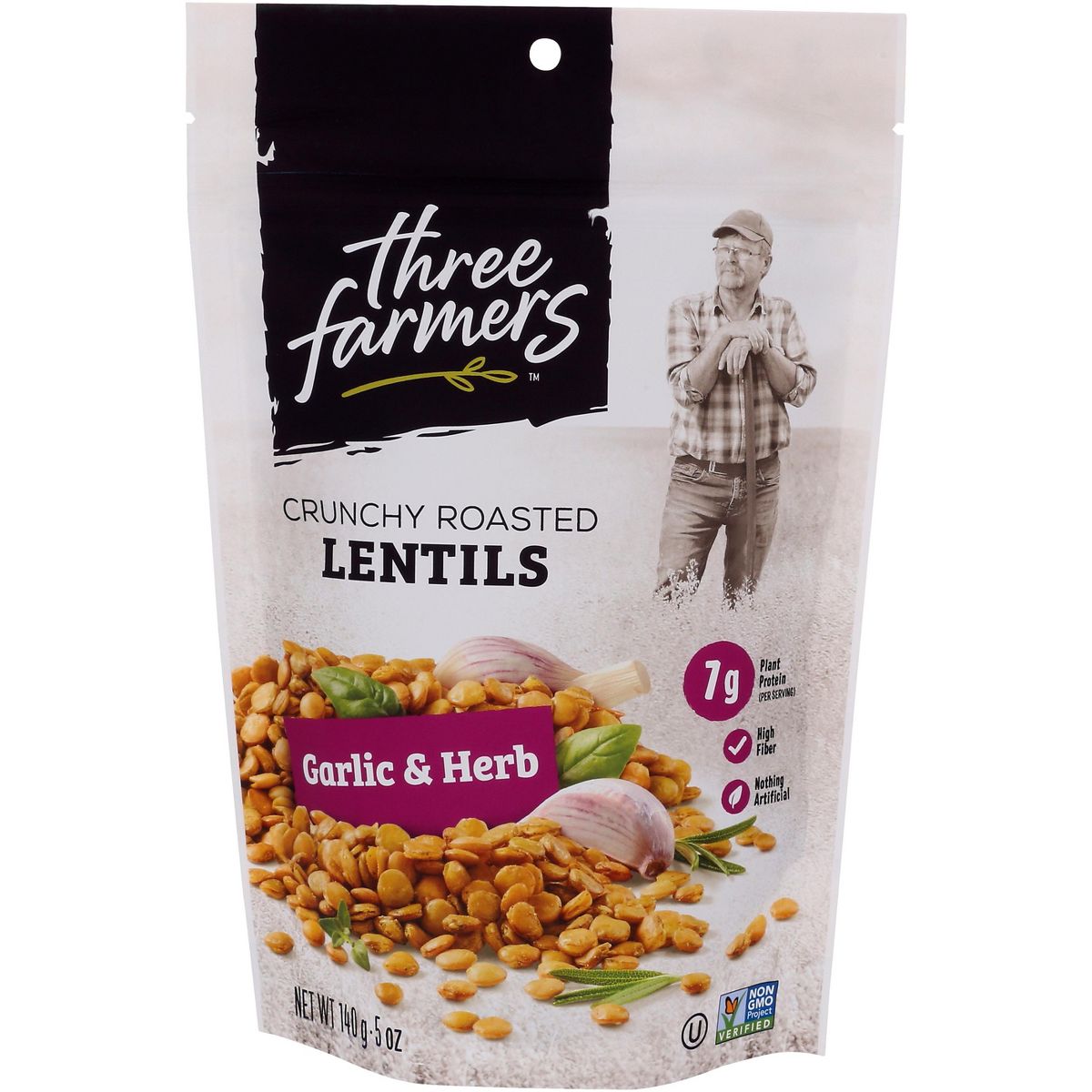 Three Farmers Snack de Lentejas Sabor Ajo y Hierbas - Caja con 6 - 140 g - Imagen 3