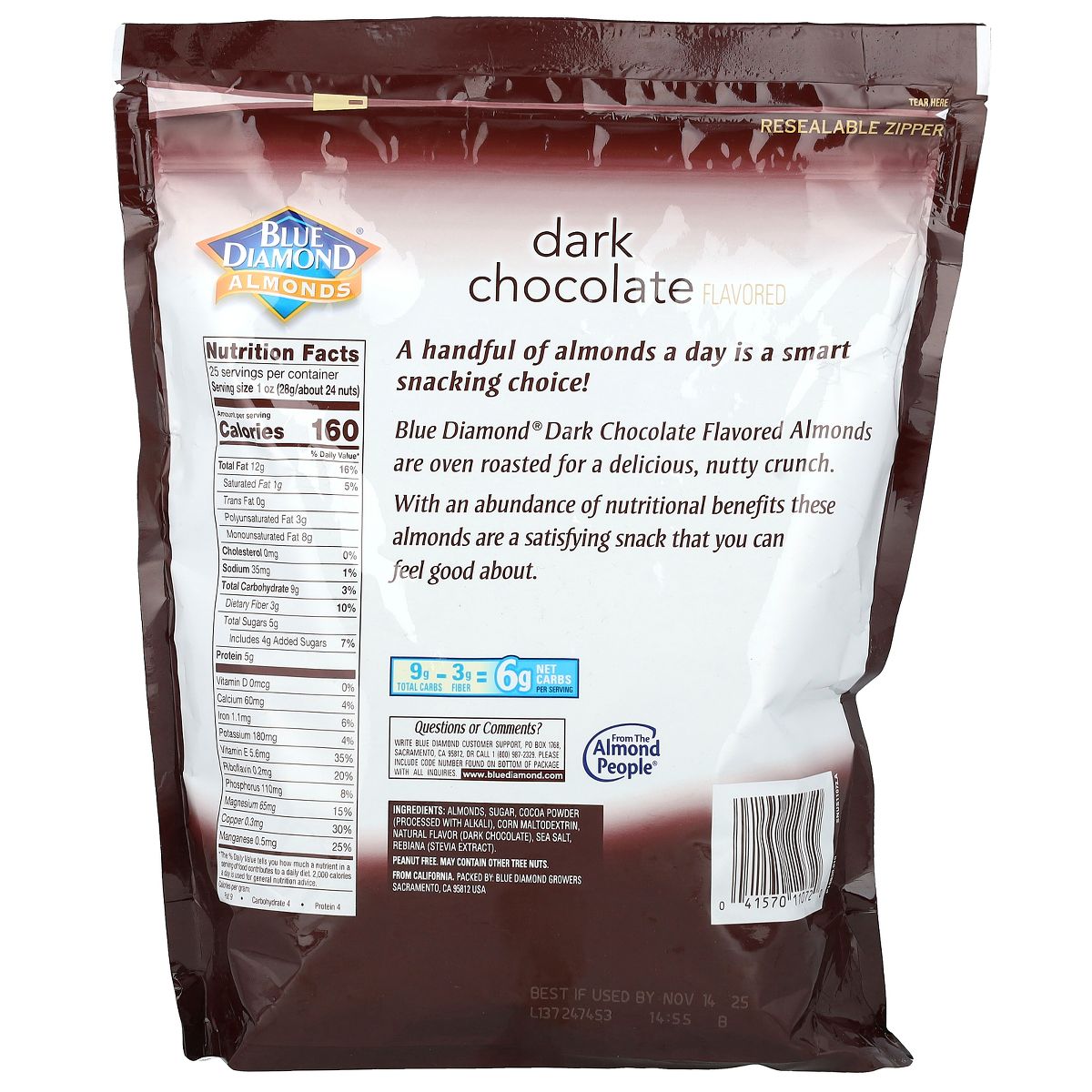 Blue Diamond Almonds, Almendras Horno Tostadas, Chocolate Oscuro, 25 oz (709 g) - Imagen 3