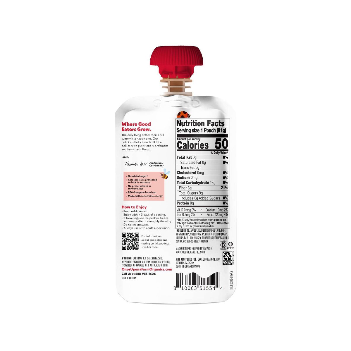 Once Upon a Farm Belly Blends Bolsita de Fruta con Bayas Rojas, Cerezas y Camote - 3.2 oz - Imagen 3