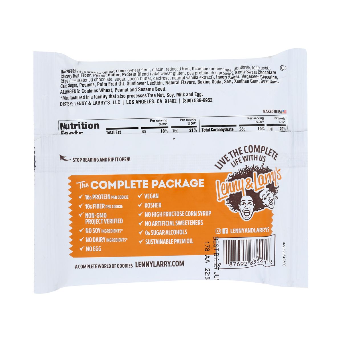 Galleta Completa Lenny & Larry's Sabor Mantequilla de Cacahuate y Chispas de Chocolate - 12 barras, 4 oz - Imagen 4