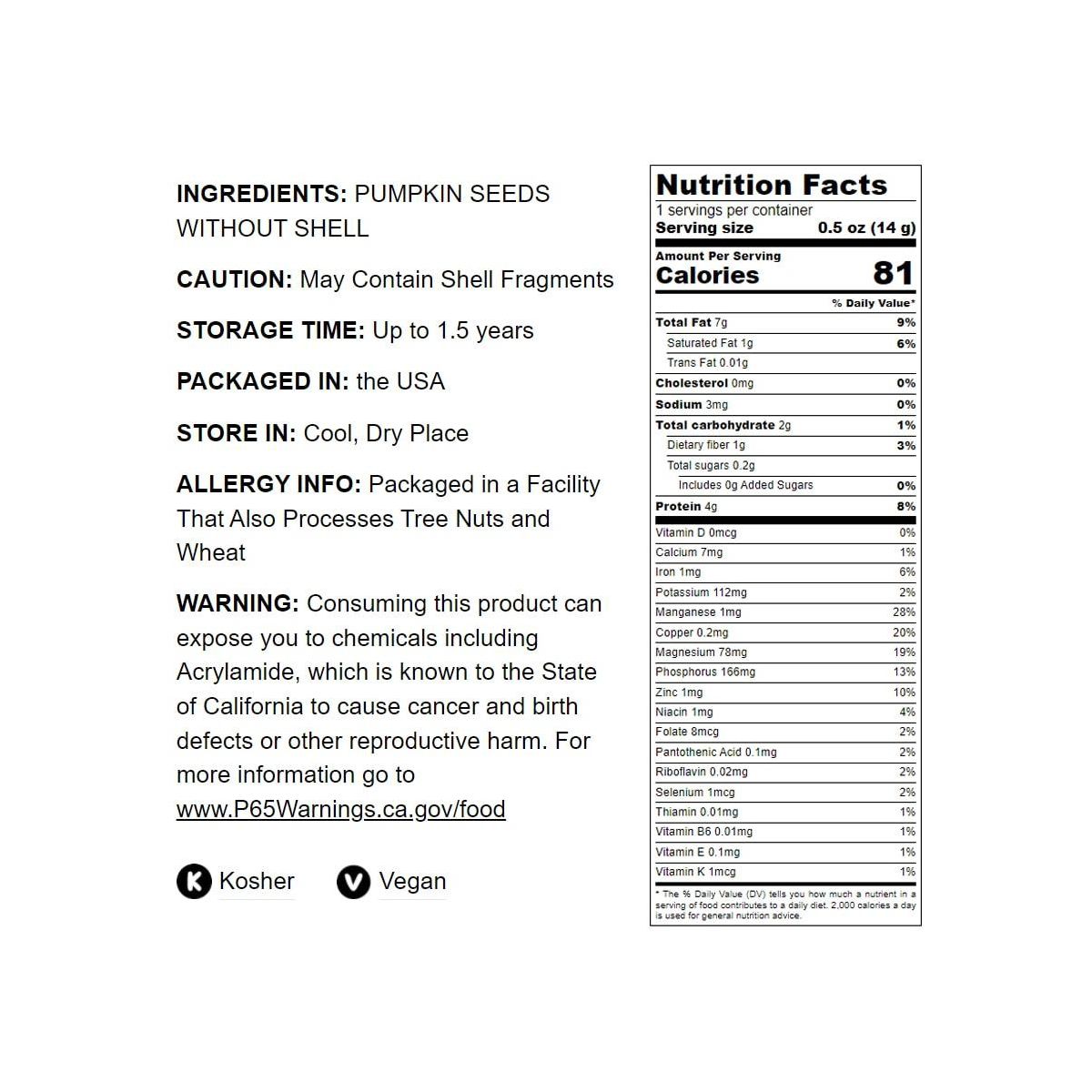 Pepitas de Calabaza Tostadas en Seco - Sin Sal, Enteras Tostadas al Horno, Sin Aceite Añadido, Sin Cáscara, Veganas, Kosher, Apto para Keto, Granel. Bajas en Carbohidratos. - Imagen 5