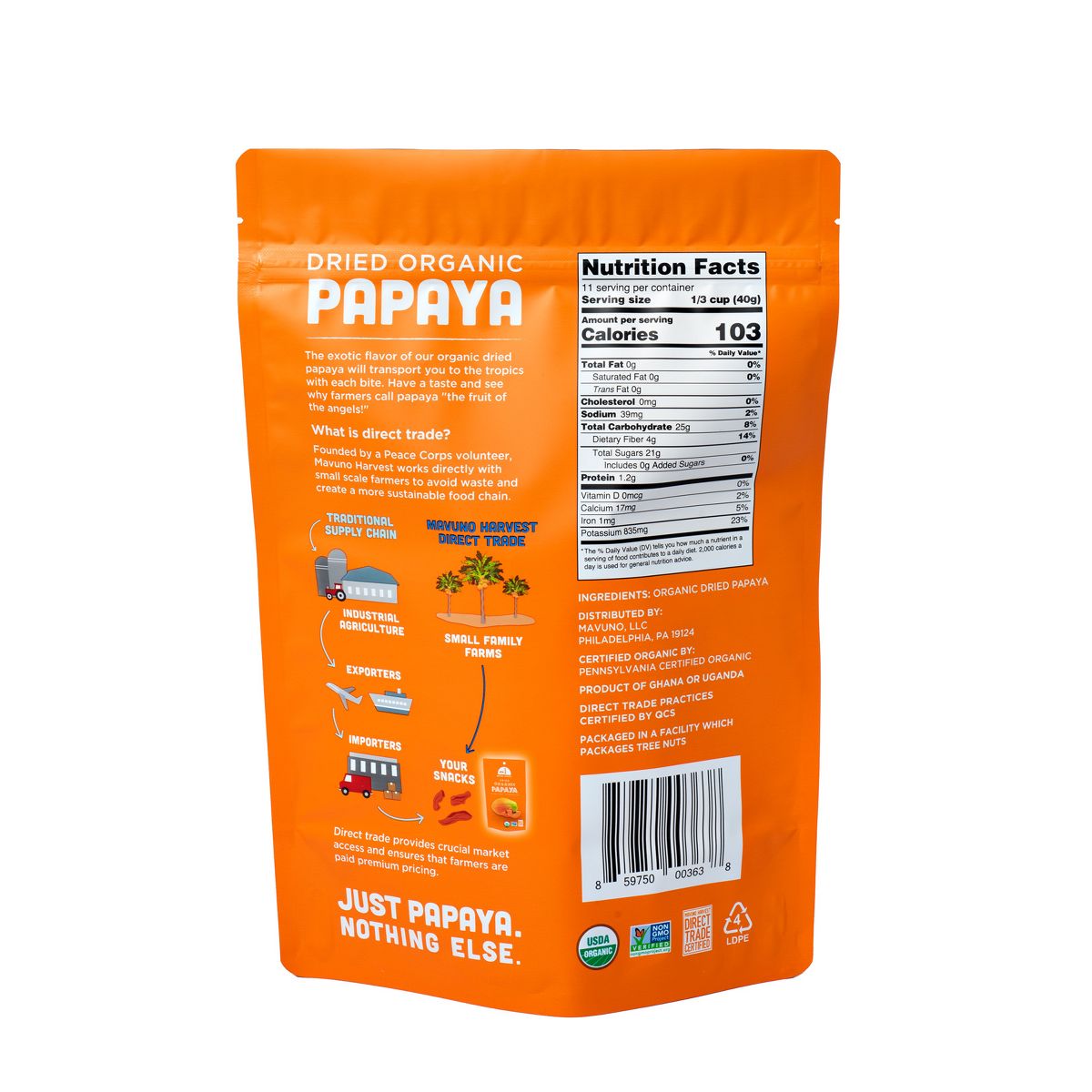 Mavuno Harvest Papaya Seca Orgánica para Snack, Merienda Vegana y Sin Gluten, Saludable sin Conservantes ni Azúcares Añadidos - Imagen 3