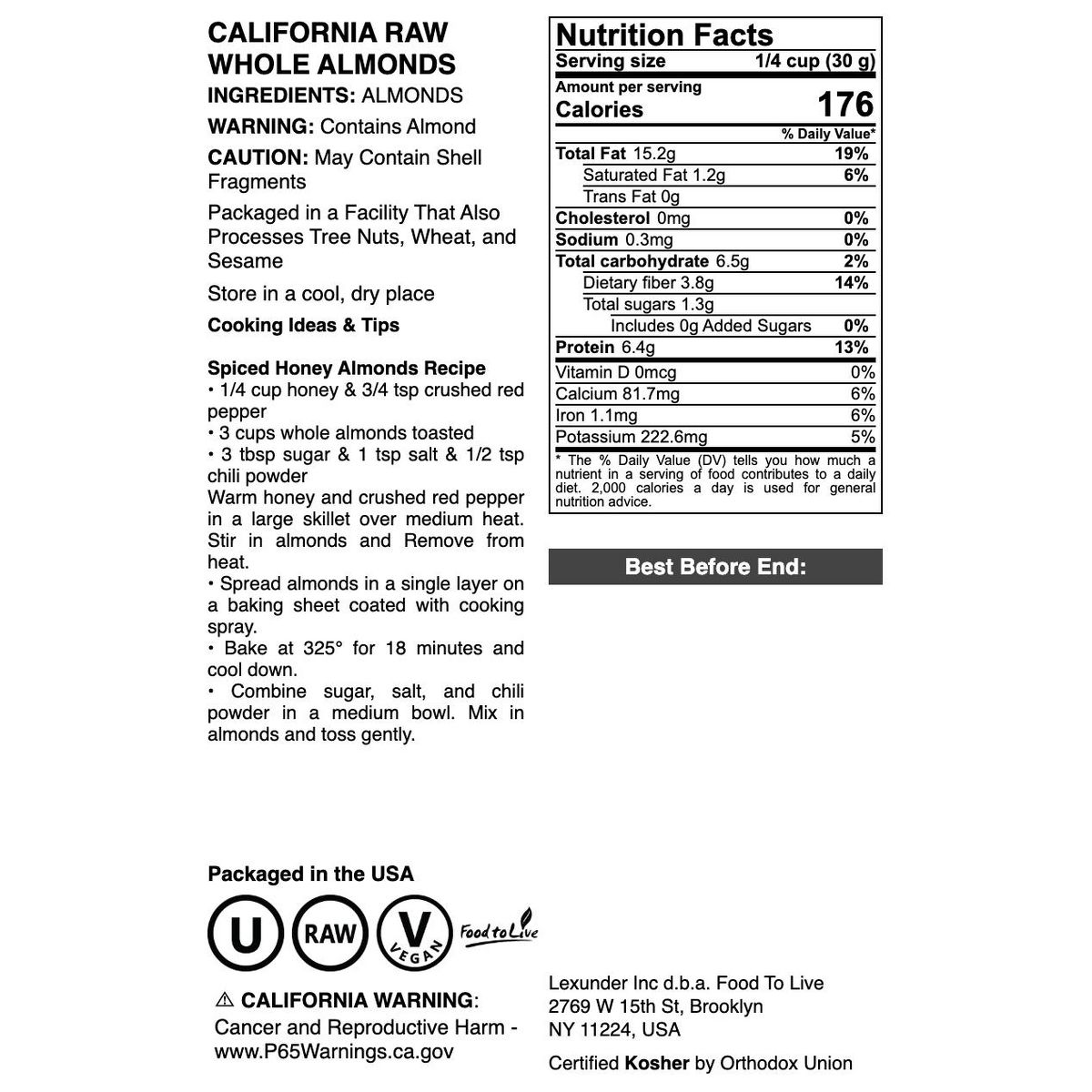 Almendras California - Supremas, Enteras, Crudas, Sin Sal, Sin Tostar, Kosher, Veganas, Keto, Paleo, Bajo en Sodio. - Imagen 3