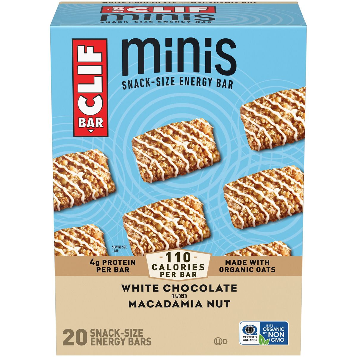 CLIF Bar Mini Barrita de Granola con Proteína Sabor Chocolate Blanco y Macadamia Hecha con Avena Orgánica - 19.8 oz / 20 piezas