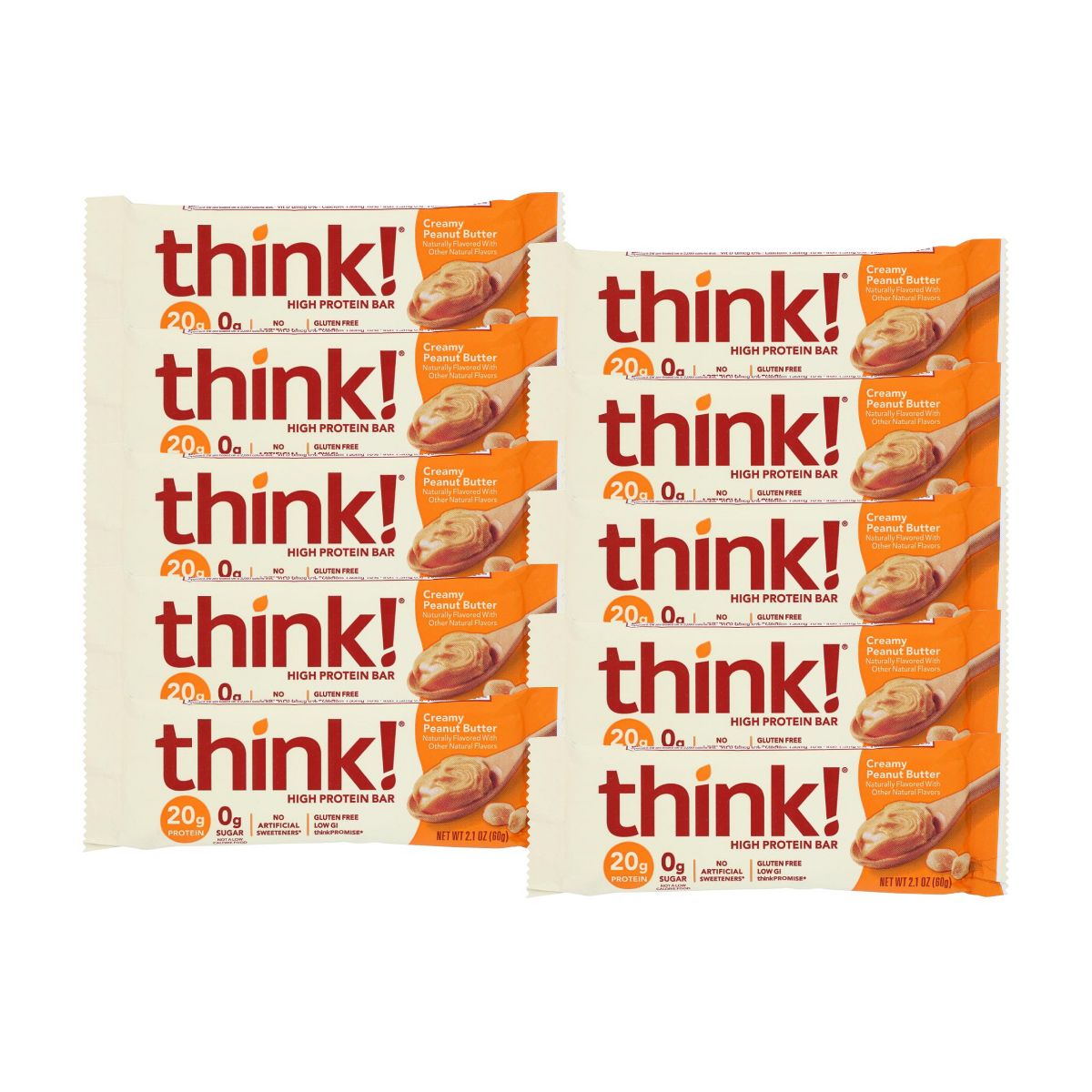Think! Barra de Proteína Alta con Mantequilla de Cacahuate Cremosa - 10 barras, 2.1 oz