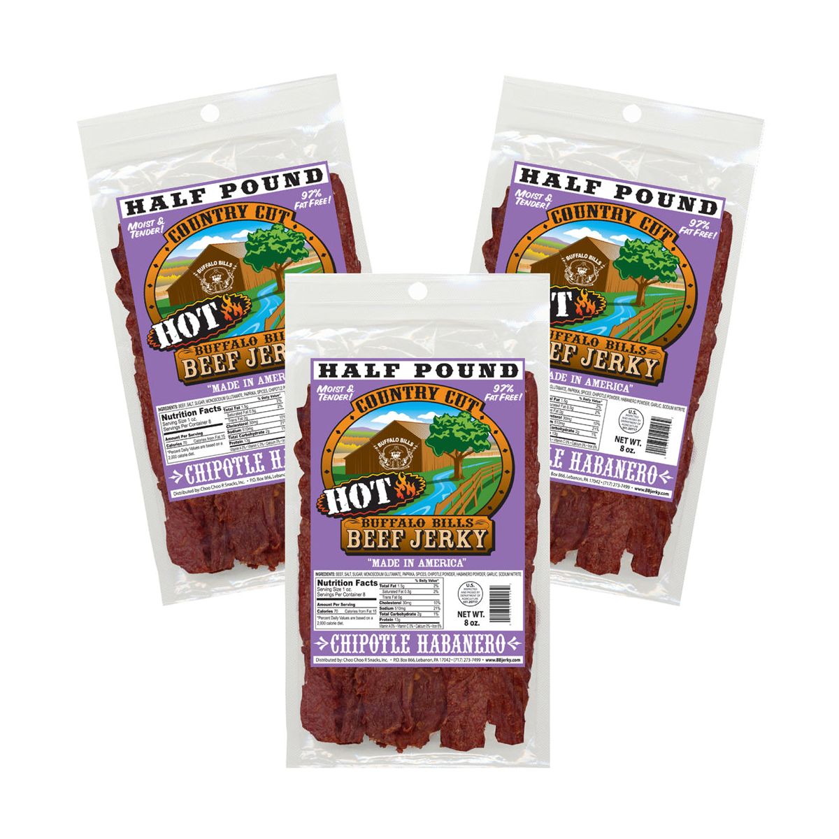 Carne seca estilo country Buffalo Bills 8 oz con chipotle y habanero - Paquete de tres de 8 oz