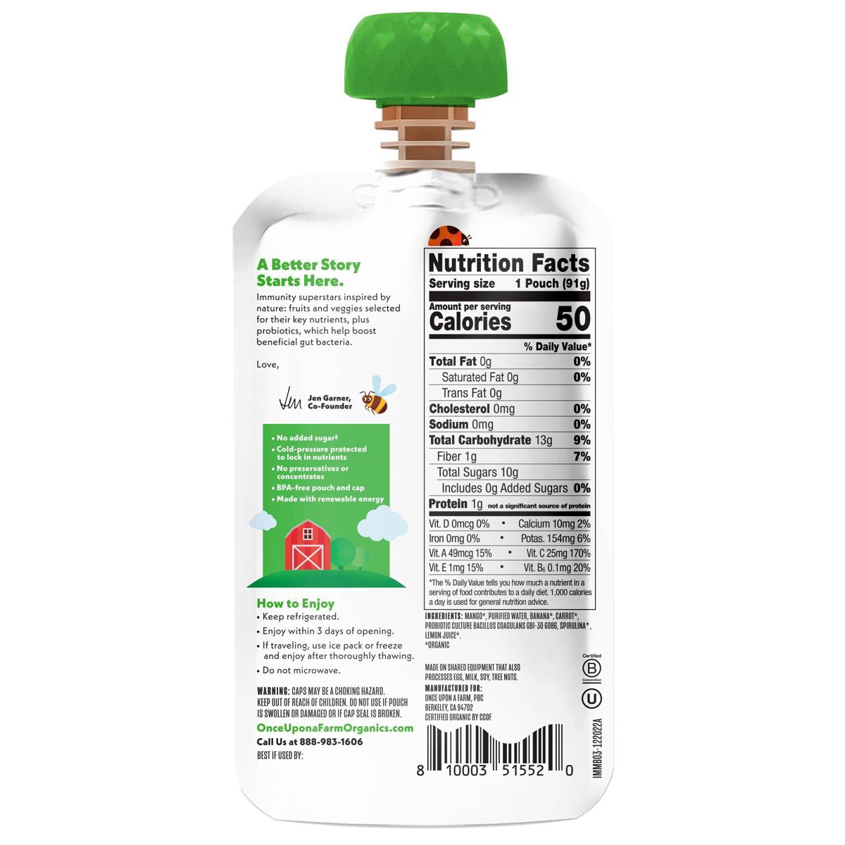 Once Upon a Farm Batido Orgánico de Inmunidad Mango Plátano Espirulina para Niños - 3.2 oz - Imagen 3