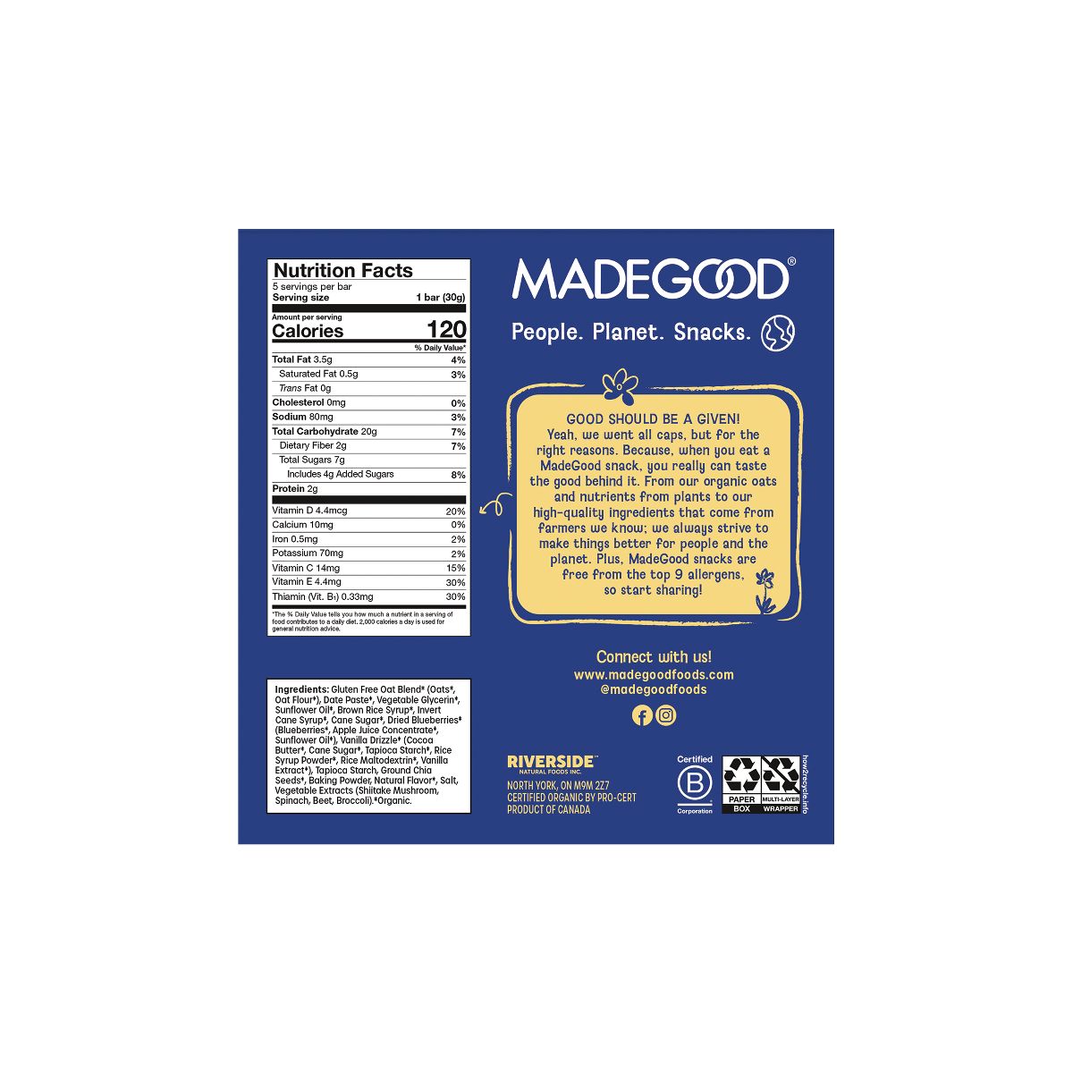 MadeGood Mornings Barritas de Avena Horneadas Suaves Sabor Blueberry - 5.3 oz/5 ct - Imagen 3