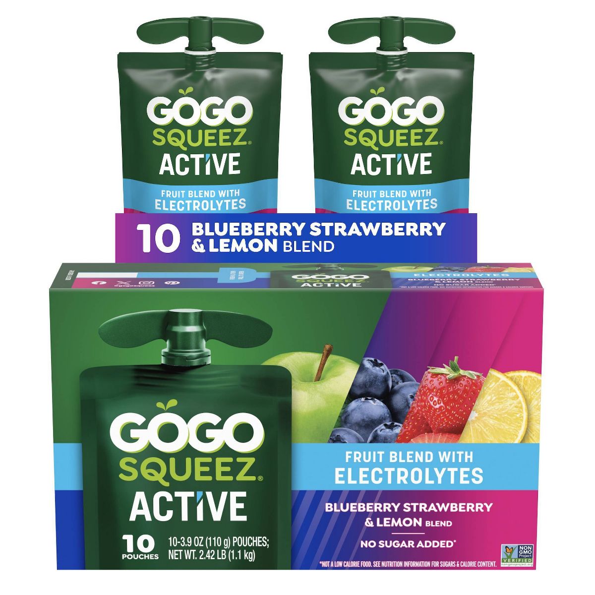 GoGo SqueeZ Active Electrolitos Sin Azúcar Añadido Puré de Frutas Arándano, Fresa y Limón en Bolsitas - 3.9 oz/10 ct