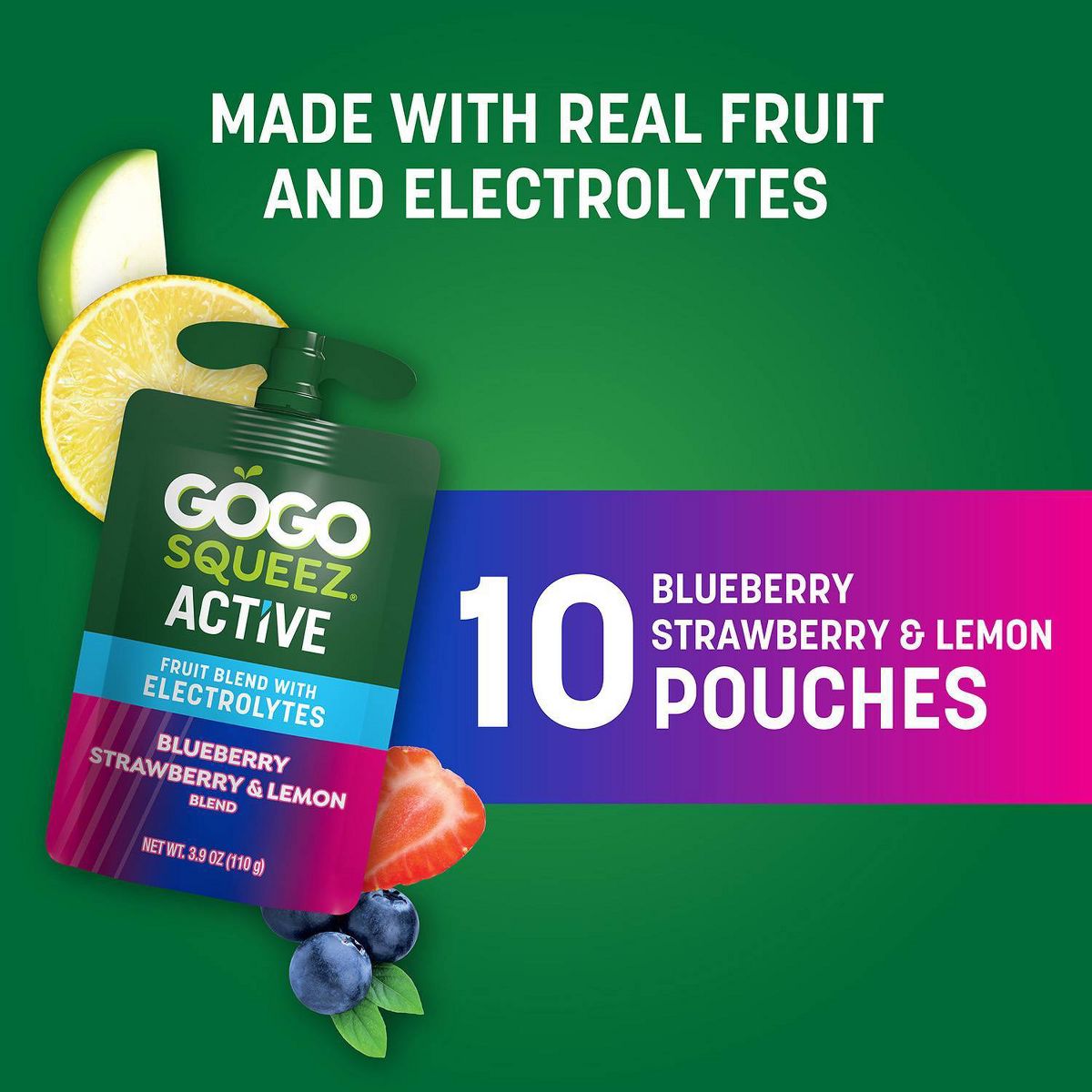 GoGo SqueeZ Active Electrolitos Sin Azúcar Añadido Puré de Frutas Arándano, Fresa y Limón en Bolsitas - 3.9 oz/10 ct - Imagen 8
