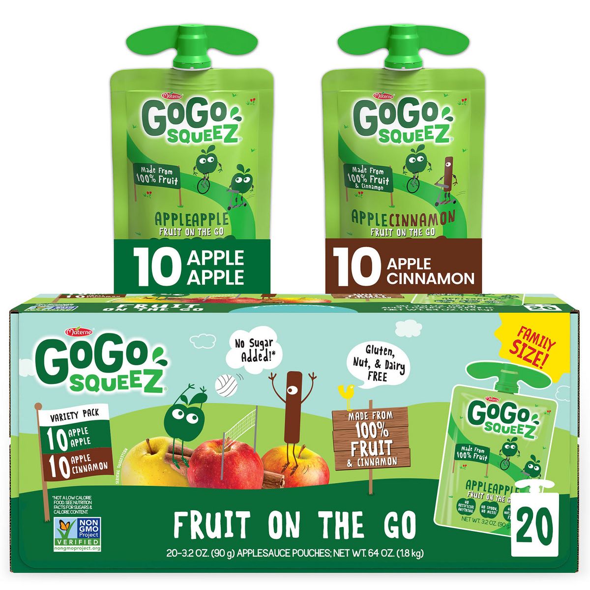 GoGo SqueeZ Puré de Manzana y Fruta Sin Azúcar Añadida Sabor Manzana Canela Paquete Variado - 3.2 oz/20 ct - Imagen 2