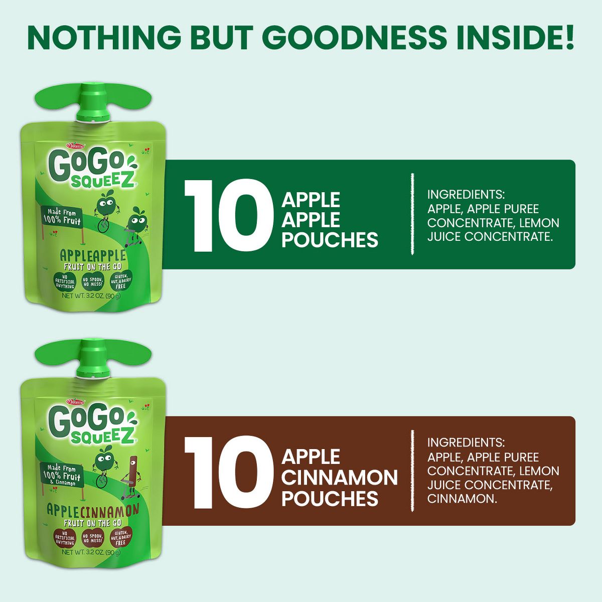 GoGo SqueeZ Puré de Manzana y Fruta Sin Azúcar Añadida Sabor Manzana Canela Paquete Variado - 3.2 oz/20 ct - Imagen 5