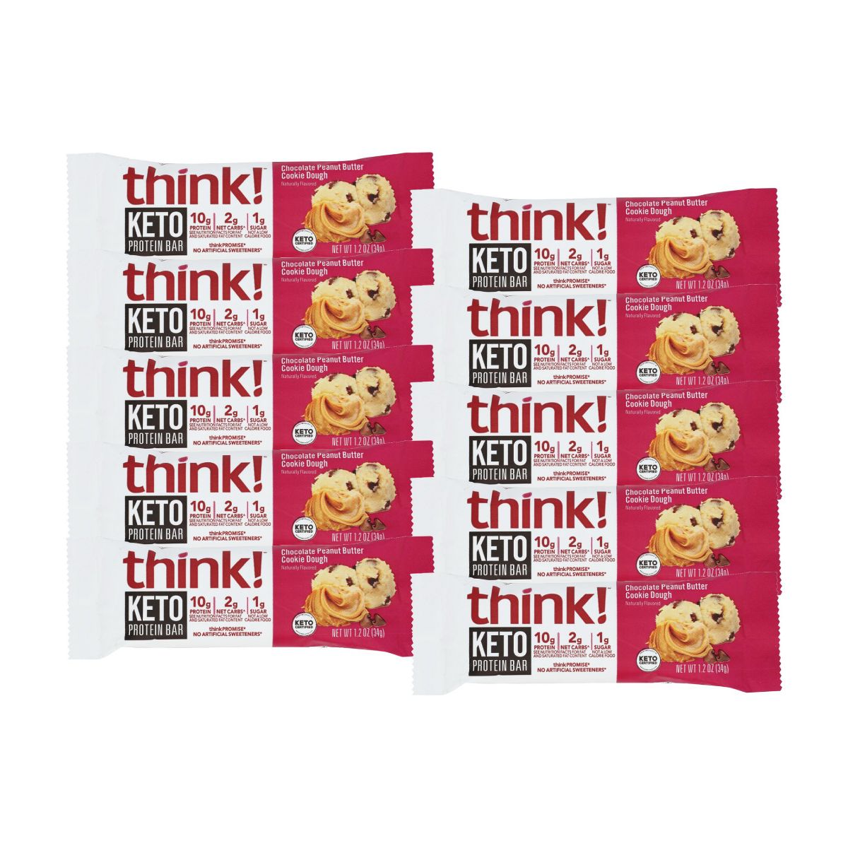 Think! Chocolate Peanut Butter Cookie Dough Barra de Proteína Keto - 10 barras, 1.2 oz - Imagen 2