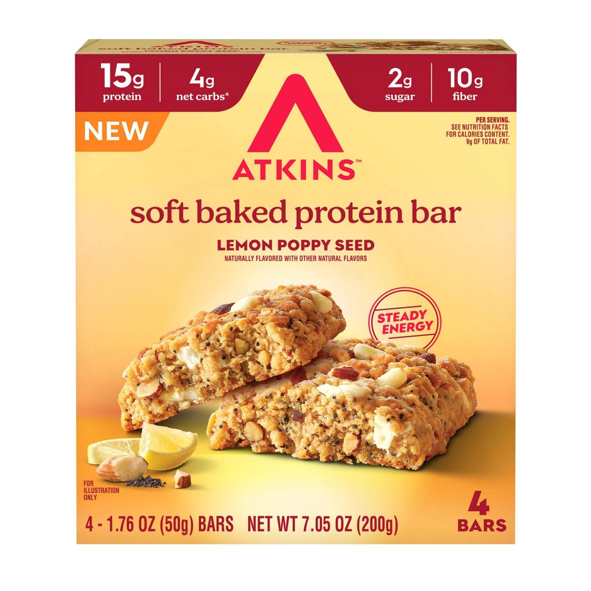 Barras de Proteína Atkins - Suaves Horneadas con Sabor a Limón y Semillas de Amapola - 7.05 oz/4 paquetes - 15g de Proteína