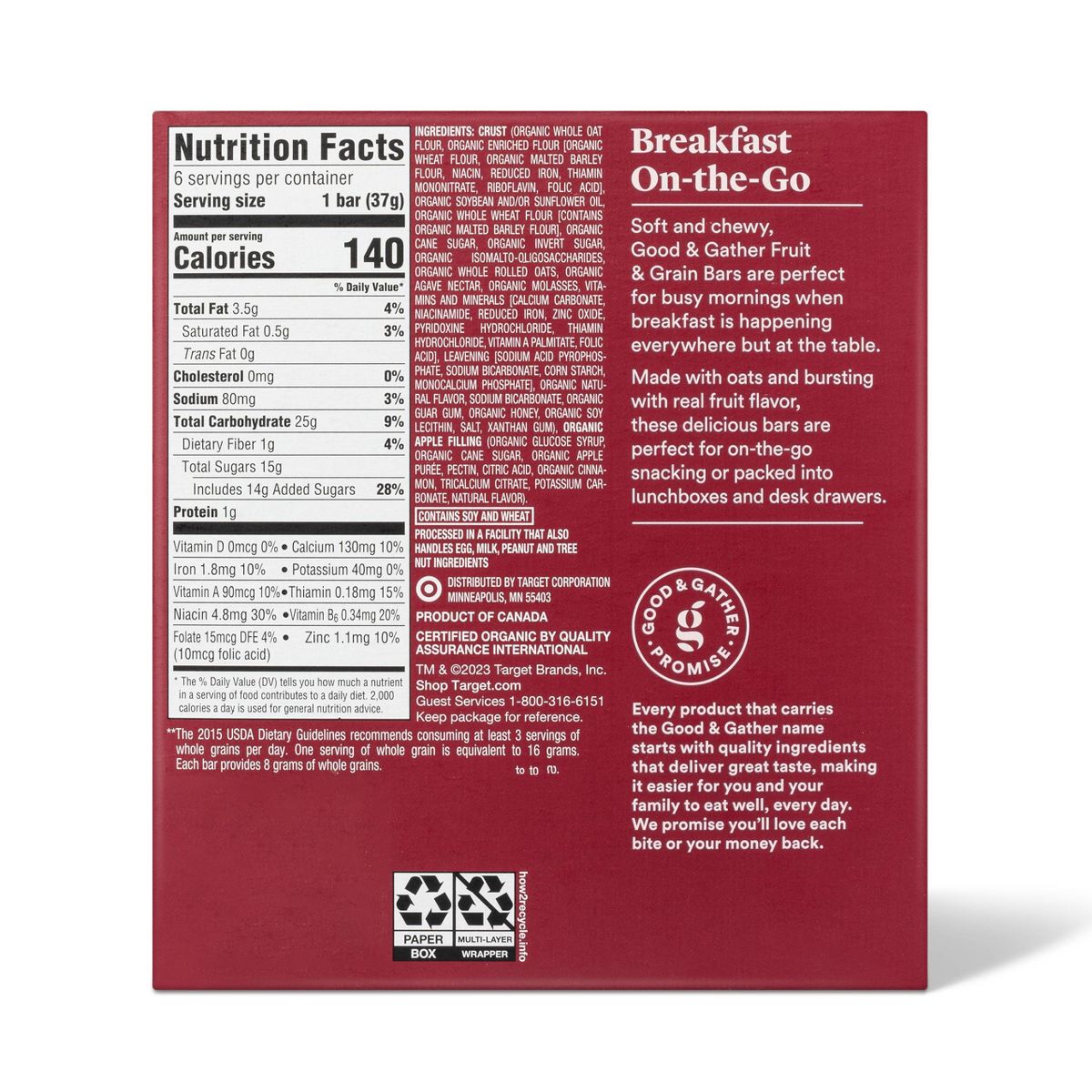 Barras de Fruta y Cereal con Manzana y Canela de Grano Entero Orgánico - 6ct - Good & Gather™ - Imagen 3