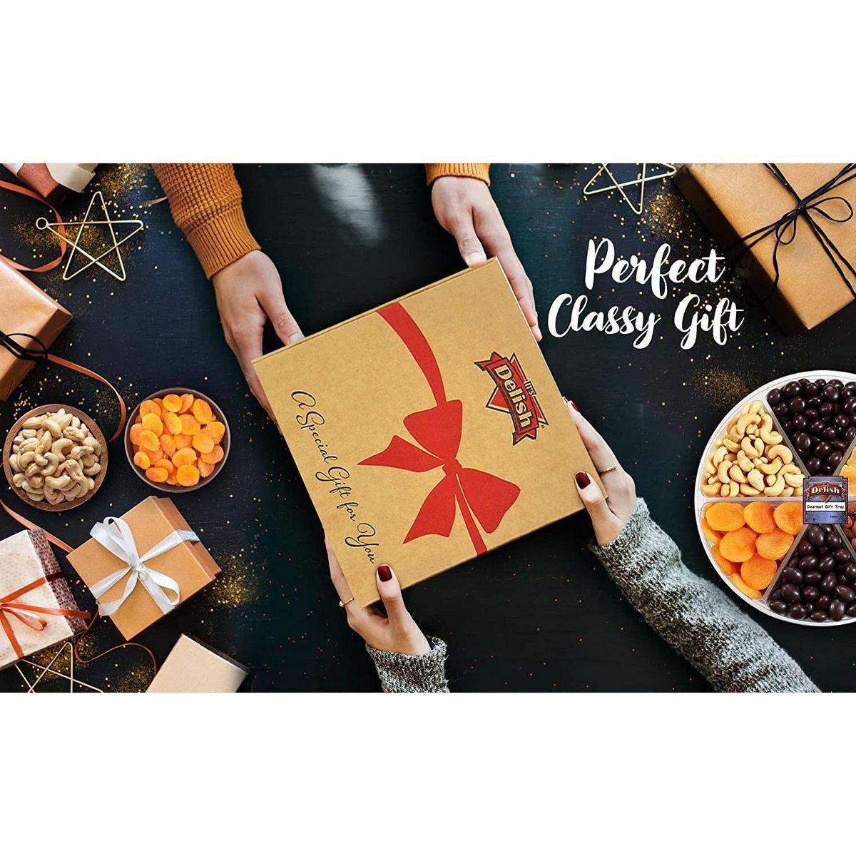 Mezcla Festiva de Chocolate, Nueces y Frutas Secas - Bandeja de Regalo Grande 6-Pt por It's Delish - Imagen 8