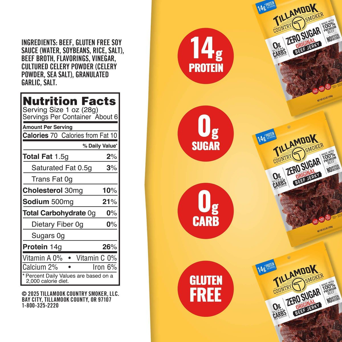 Tillamook Country Smoker Beef Jerky Original sin Azúcar - 6.5 oz - Imagen 4