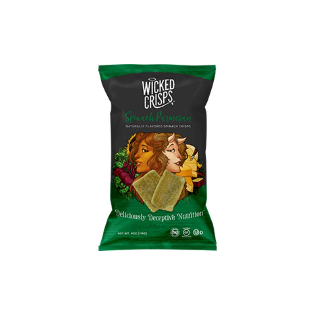 Wicked Crisps, Espinaca y Parmesano, Nutrición Deliciosamente Engañosa, Sin Gluten, No Transgénicos, Kosher, Bolsa tamaño fiesta 4 oz (PAQUETE DE 4). - Imagen 2