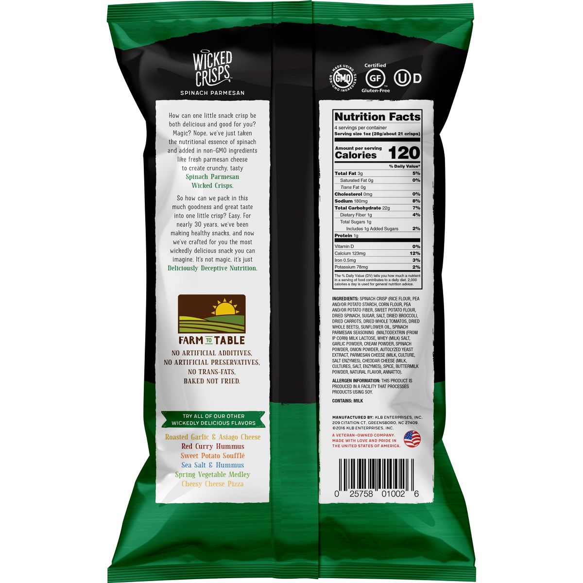 Wicked Crisps, Espinaca y Parmesano, Nutrición Deliciosamente Engañosa, Sin Gluten, No Transgénicos, Kosher, Bolsa tamaño fiesta 4 oz (PAQUETE DE 4). - Imagen 3
