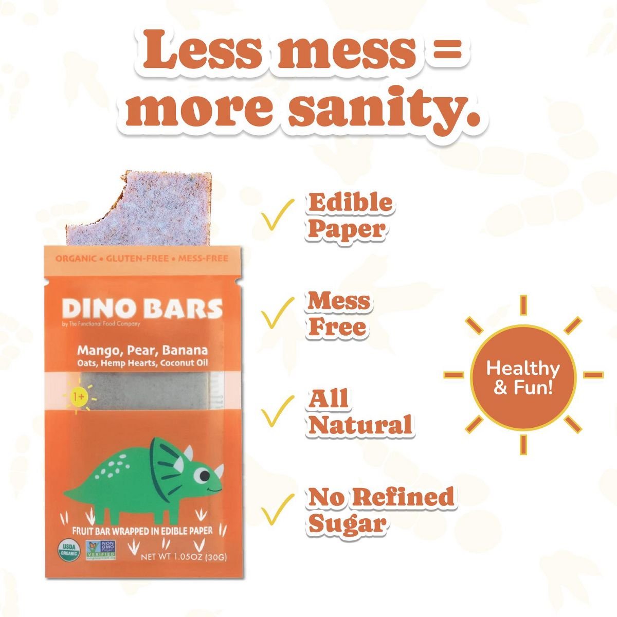 Dino Bars | Mango | Barritas de Fruta Orgánicas para Niños, Sin Desorden - Imagen 3