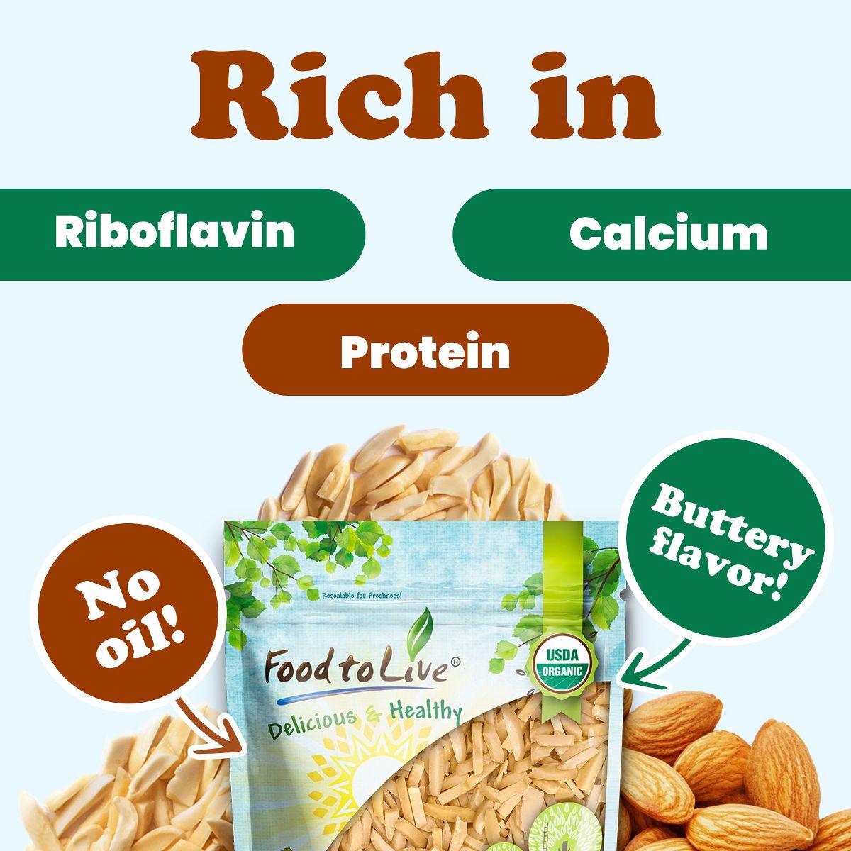 Almendras Fileteadas Tostadas en Seco Orgánicas con Sal del Himalaya - por Food to Live - Imagen 6